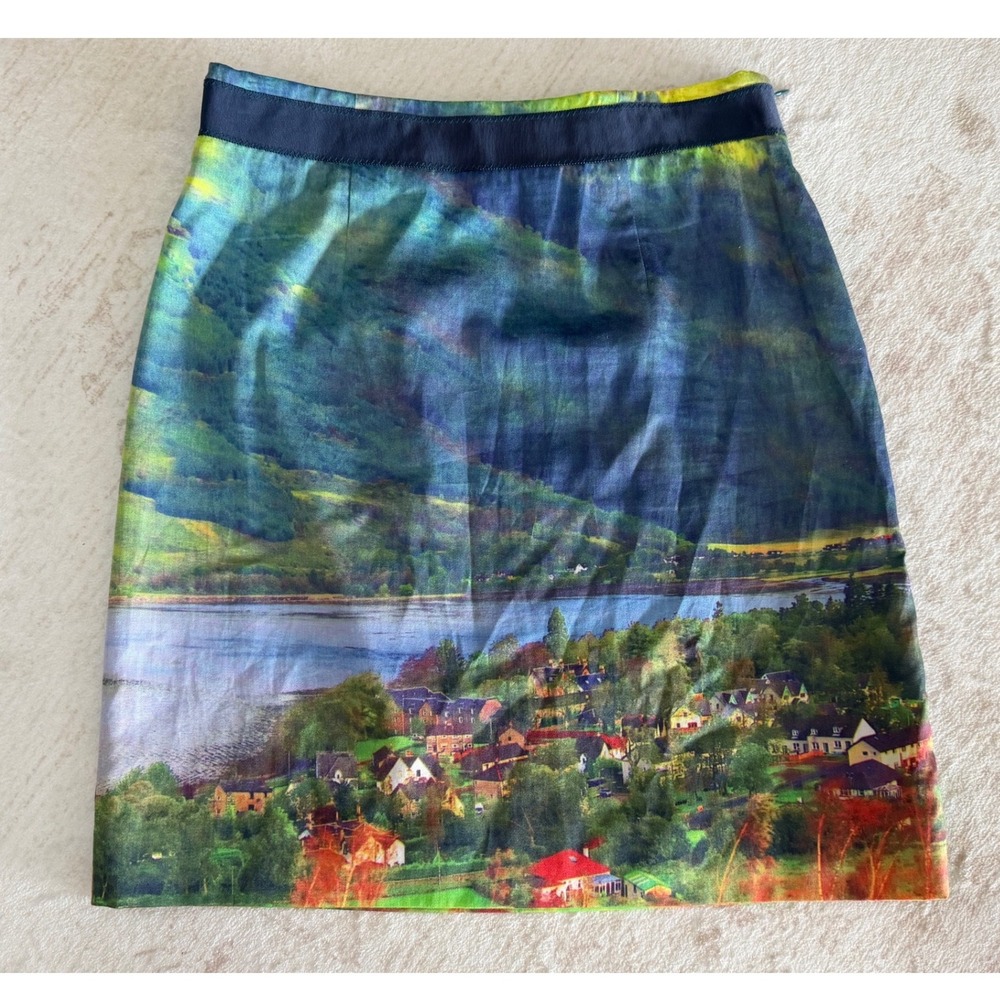 Meadow Rue Anthropologie Landscape Print Mini Skirt Village Lake Scene Cotton 0